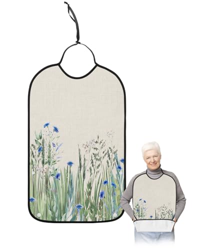 LEOKOTI Green Blue Botanical Adult Bibs for Eating, Waterproof Bibs with Food Catcher & Snap Closure, Watercolor Plants Spring Floral Rustic Washable Clothing Protectors Adult Bibs for Elderly