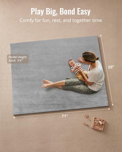 Image of Blissful Diary 1.3 inch Thick Baby Play Mat, 71x59 Playpen Mat with Removable & Washable Cover, Extra Large Crawling Rug for Floor, Foam Cushion & Non-Slip Backing for Kid, Toddler and Infants, Light Grey
