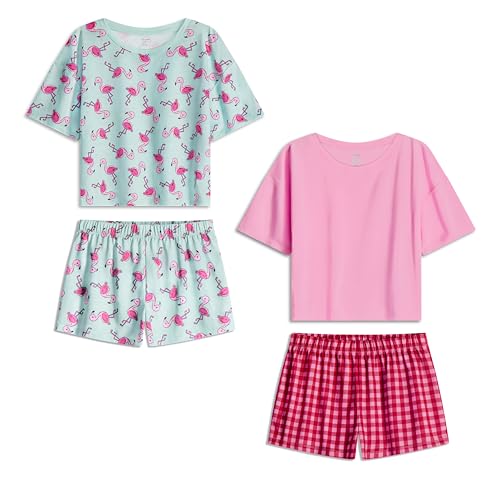 US Angels Girls Pajamas Sets- 4-Piece Cute Short Sleeve & Shorts PJ Set, Pink Girls’ Sleepwear, Kids Pajamas Sizes 5-16
