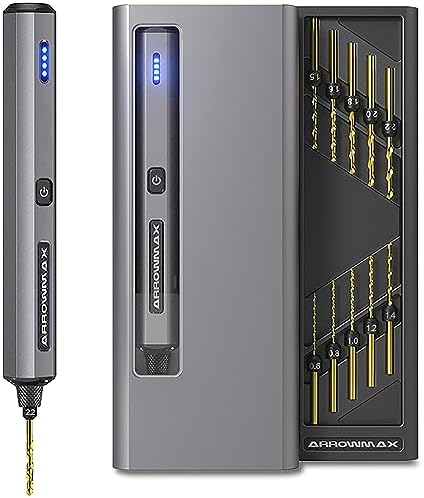 ARROWMAX Mini Electric Drill 13 in 1 with Aluminium Box, Cordless, LED Lights, Needle Vise Hand Drill Kit, 10 HSS Drill Bits, 3/32-Inch Keyless Chuck, Variable Direction (SDS MINI)