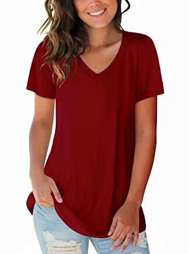 Women Tops Short Sleeve V Neck Summer Clothing T Shirts Lightweight Burgundy XL