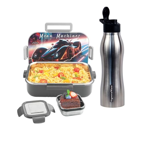 Image of SIGNORA WARE Delight C Chipmunk Stainless Steel Printed Lunch Box Set for Kids | Airtight Clip Lock Lid | Compact & Sleek Size | Great for Picnics & Outdoors (850ml + 160ml + 750ml Bottle | Grey)
