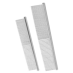 LucyPhy Pet Steel Combs Metal Dog Comb Grooming Comb with Stainless Steel Rounded Ends Teeth for Shedding Long Matted Hair Tangles and Knots 2 Pack