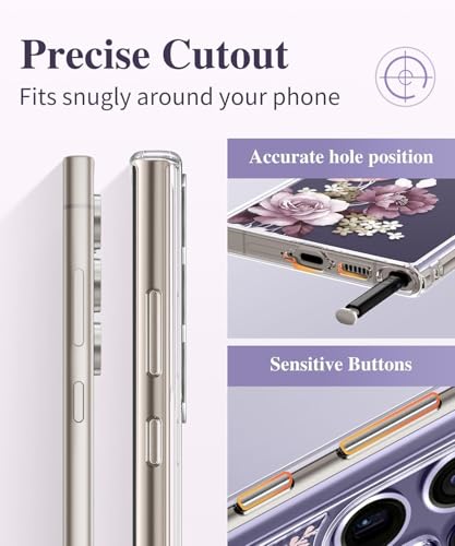 Image of Elzzi Clear Transparent Flower Cover For Samsung S25 Ultra 5g Case Shockproof Case Floral Design Camera Protection Shockproof PC+TPU Transparent Flower Cover For Girls & Women 2024 6.9 inch (Deep Purple)