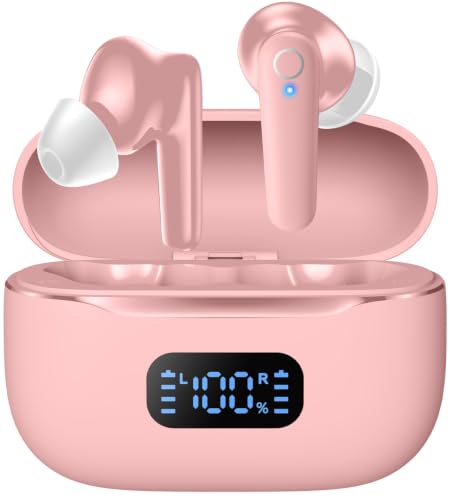 Wireless Earbuds,Bluetooth 5.4 Headphones HiFi Stereo with 48H Playtime Ear Buds,LED Digital Display Charging Case,IPX7 Waterproof Bass Stereo Earphones for iPhone/Android/Laptop Sport/Work (Pink)