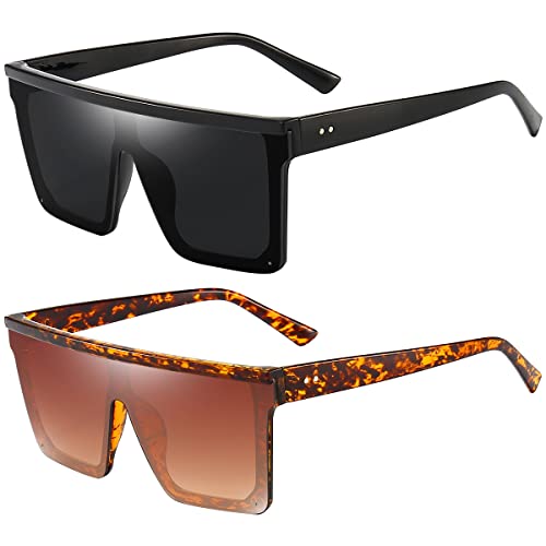 Dollger Square Oversized Sunglasses for Women Men Fashion Flat Top Big Black Frame Shades BLACK AND LEOPARD