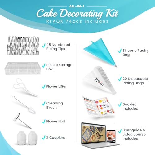 RFAQK 74 PCs Icing Piping Bags and Tips Set, Cake Decorating Kit with 48-Numbered Piping Tips, Anti Burst Pastry Bags for Cookie Cupcake Cake Decoration, Cake Decorating Tips Set with Booklet & E-book