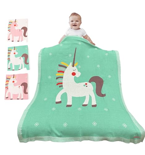 Image of Cute Baby Blanket with Animal Design - 100% Cotton Swaddle for Newborns, Infants & Toddlers - Versatile Stroller Cover, Play Mat, and Nursery Blanket - 39 x 31 inches (Unicorn Green)