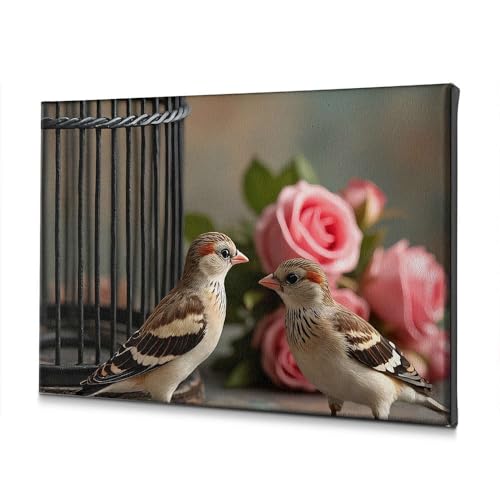 Toile oiseaux motif roses cage tableau décoration murale haut de gamme