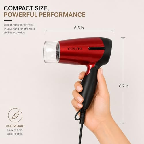 Image of GUSTTO Foldable Hair Dryer 1100W | Compact Travel-Friendly Hair Dryer with Foldable Handle, Hanging Ring, 2 Heat & Speed Settings, Lightweight & Portable (Wine Red), BIS Certified