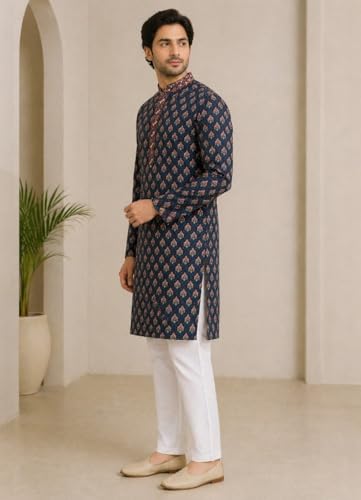 Image of Tattva Men Navy Blue Geometric Design Sequined Jacquard Kurta with Pyjamas