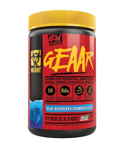 MUTANT GEAAR | 9.4g of EAA Powder + Arginine, 7g BCAAs, 4g Leucine, Electrolytes, Coconut Water, No Artificial Colours or Flavours | 30 Servings | Blue Raspberry | 378g