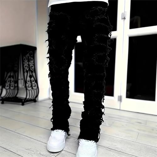 Mens Skinny Jeans Stacked Straight Leg Skinny Denim Jeans Trendy Frayed Patchwork Distressed Denim Pants3