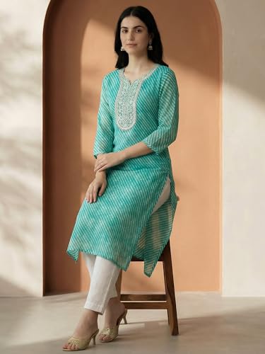 Image of INDO ERA Women's Georgette Leheriya Printed Straight Calf Length Kurtas (IEAI12232)