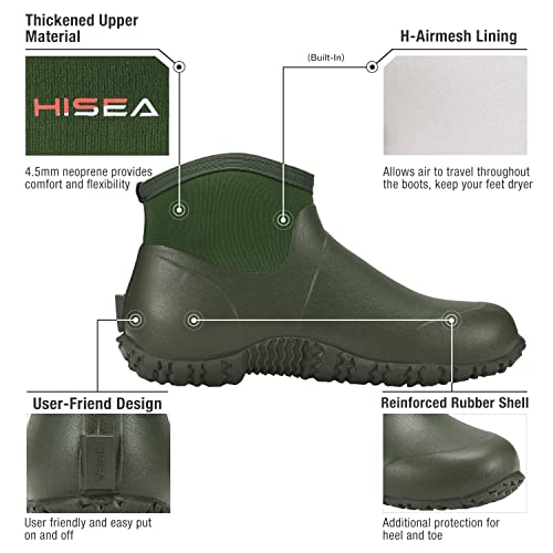 Hisea Men's Garden Shoes, Ankle Height Rain Boots Waterproof Insulated Rubber Neoprene Outdoor Work Booties Mud Shoe For Gardening Farming Camping Fishing And Yard Working, Size 12 Green #TOP2