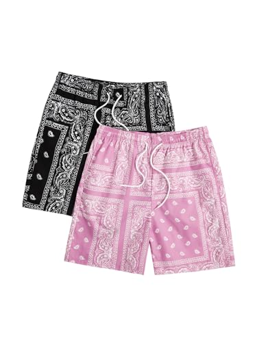 Floerns 2 Pack Mens Boho Drawstring Waist Paisley Print Summer Beach Shorts Black & Pink Paisley Small