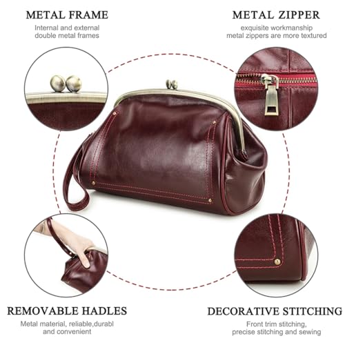 QJK Cosmetic Bag for Woman, Kiss Lock Clutch Bag Genuine Leather Evening Bag Kiss Clasp Wrist Wallet Vitange Handbag (RED) by QJK - Used condition - Image 7