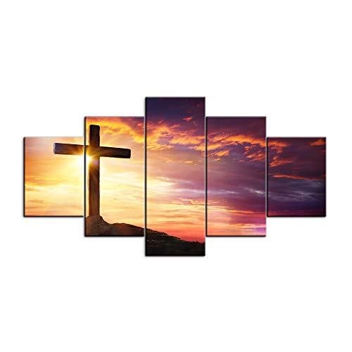 Large Christian Crosses Cross Wall Art Christ Poster Canvas Prints Home Decor For Bedroom Living Room Pictures Decals 5 Panel Hd Printed Painting Artwork Framed Ready To Hang (50"Wx24"H, Artwork-10) #TOP1
