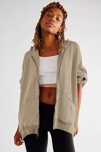 Image of Womens Fashion Zip Up Hoodies Oversized Waffle Knit Jacket Shirts Long Sleeve Solid Shacket Blouse with Pockets