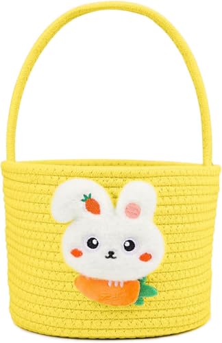 DERAYEE Paniers de Pâques,Panier Tressé Jaune avec Poignée,Décoration de Pâques Motif Lapin...