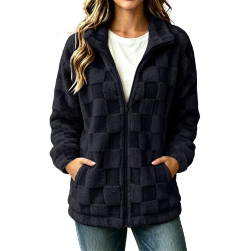 Fleece Jacket Women Checkered Textured Teddy Coat Fall Winter Warm Outfits - image 3