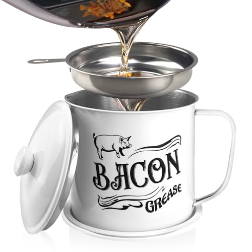 Comparison: Best Bacon Grease Container 9 QMET 1.3L Bacon Grease Saver Container with Fine Mesh Strainer,Stainless Steel Oil Keeper Can for Bacon,46oz Large Rustic Farmhouse Fat Container, Keeper, Recipes, Dishwasher Safe, White