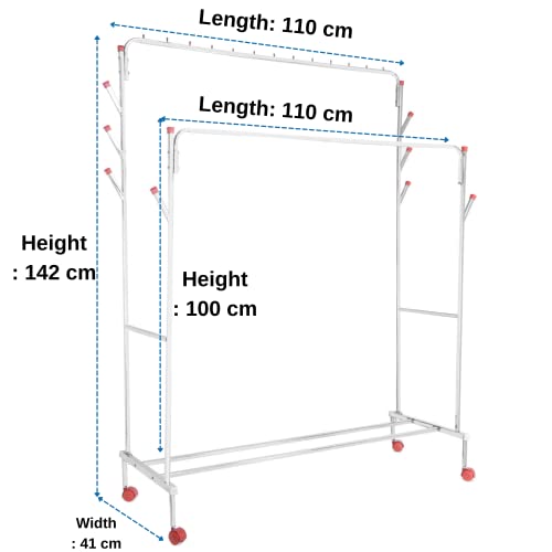 Image of LIMETRO STEEL Clothes Rack with Bottom Shelves | Closet Organizer Coat Hanger | Multipurpose Dual Rod + Wheels | Garments Rack with Bottom Shelf
