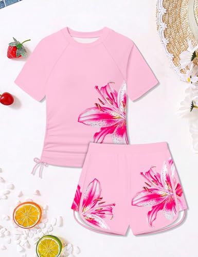 Image of AGAPENG Girls Swimsuit Two Piece Short Sleeve Rash Guard Floral Print Ruched Girls Bathing Suit UPF 50+ Swimwear for 9-16Y