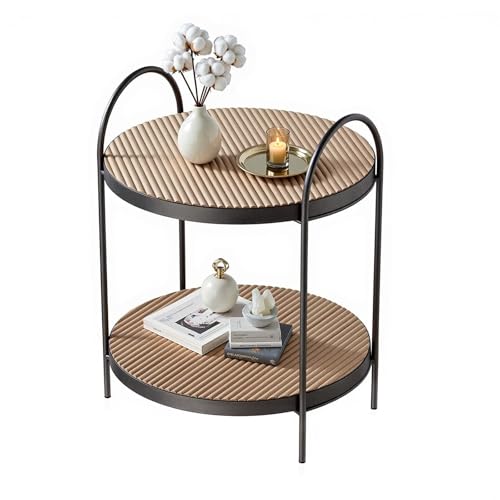 Yumyolk Beistelltisch, Couchtisch rund, 40 x 40 x 45.5cm kleinSofatisch, Holz Tischplatte Wohnzimmer, Schlafzimmer, Metallrahmen, Industrie-Design, Natur+schwarz