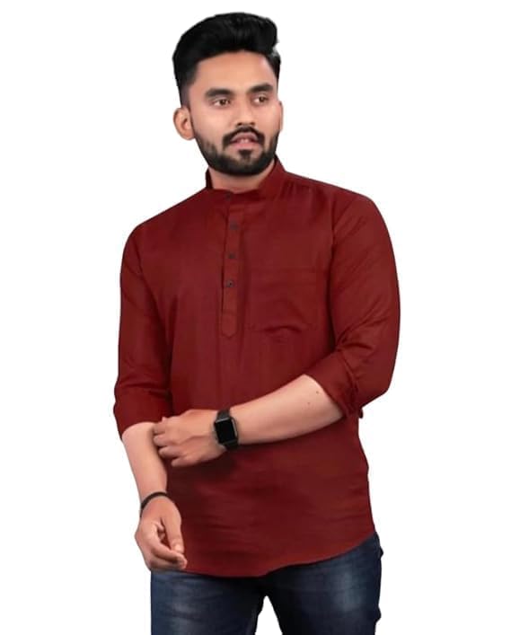 Men's Cotton Blend Solid Short Kurta with Front Button Work-picture-38