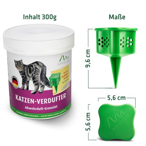 GARDIGO® Katzenschreck Granulat inklusive Beet-Stecker | 300g | Katzenschreck für Garten mit Eukalyptus Citriodora Öl I Made in Germany I Katzenabwehr für Haus und Garten | Katzenvertreiber