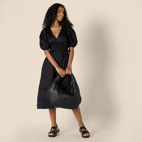 Amazon Essentials Women's Fit and Flare Cotton Sateen Puff Sleeve Midi Dress, V-Neck, Black, L - Image 5