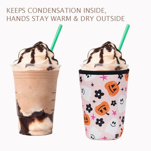 Image of Reusable Insulated Neoprene Iced Coffee Cup Sleeve, Durable Drink Sleeve for Cold Beverages, Beverage Holder for Iced Coffee, Hello Pumpkin