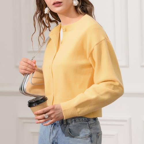 Image of Women Y2K Button Front Crop Sweater Cardigan Solid Color Crew Neck Long Sleeve Knit Fall Tops Streetwear