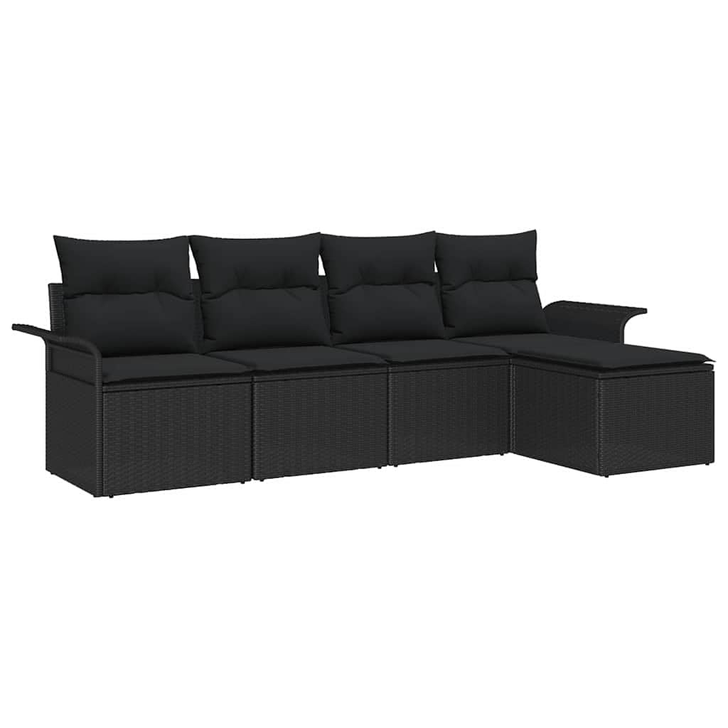 Ensemble de canapé de jardin avec coussin 5 pcs Noir polyrotin Salon de jardin modulable en polyrotin et acier résistant aux intempéries avec table en verre trempé pour patio terrasse extérieur