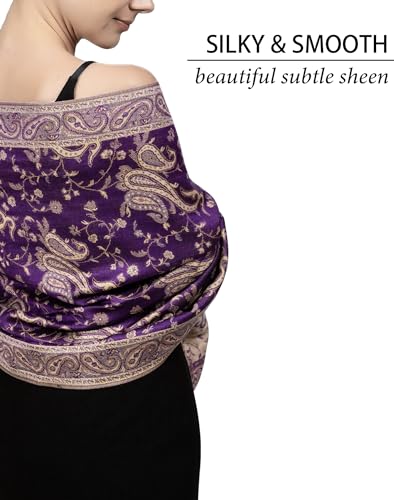 Achillea Soft Silky Reversible Paisley Pashmina Shawl Wrap Scarf w/Fringes (Purple)