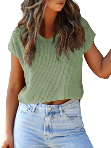 Image of LCXWFE Womens Summer Cropped Sweater Vest Trendy Cap Sleeve Crop Tops Crew Neck Loose Knit Tank Top