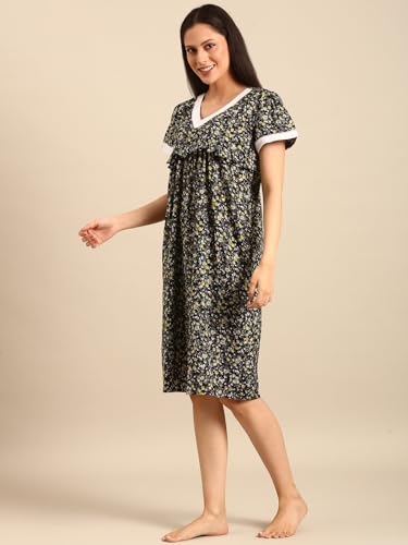 Image of Rupa Jon Aishwarya Women Short Printed Nighty in Premium Cotton Blend Fabric, Midi Length, Night Dress, Three-Fourth Length for Comfortable Everyday Wear