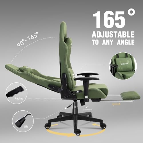 Dowinx Gaming Chair with Massage Lumbar Support, Breathable Fabric Ergonomic Computer Chair with Footrest for Adults, High Back Reclining Game Chair for Office Gaming, Green