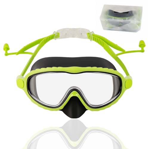 Image of Proberos Swimming Goggles for Kids, 2-in-1 Wide View Goggles Lenses with Anti-Choke Nose Cover & Intergrated Earplugs, Adjustable Headstrap No Pressure Swim Goggles for Children for 4-12 Years, Green