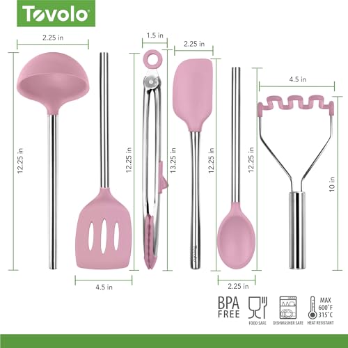 Image of Tovolo Silicone Cooking Utensil Set of 6 Pink Sorbet Ladle Slotted Turner Tongs Flex Core Spatula Scraper Mixing Spoon and Potato Masher, Dishwasher Safe BPA Free Silicone Kitchen Utensils