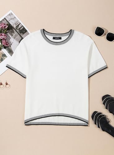Image of Dokotoo Womens Sweaters Spring Tops Round Neck Striped Short Sleeve Hollow Out Knit Loose Pullover Sweaters White Medium