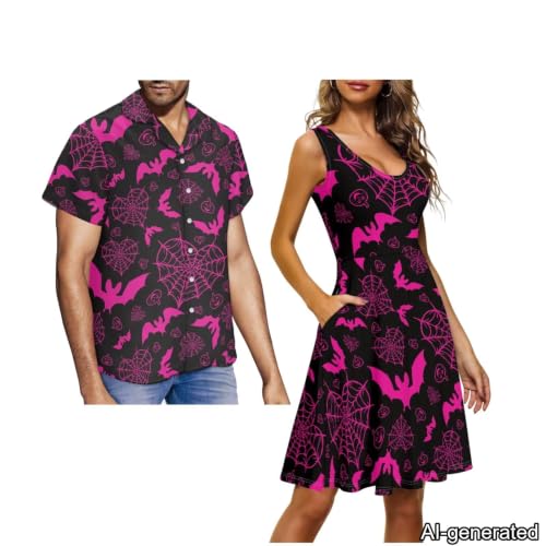 Image of Dreaweet Summer Dresses for Women A-Line Sleeveless Flowy Sun Dresses,Men's Casual Button-Down Shirts,Couple Matching Outfits