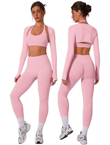 3 Piece Workout Sets for Women Seamless Halter Sports Bra Scrunch Butt Lifting High Waist Leggings Long Sleeve Bolero Shrug Gym Yoga Pilates Outfits Work Out Clothes 3pc Pink Small
