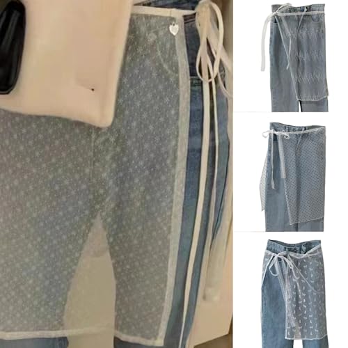 Women Aesthetic See Through Lace Apron Skirt Vintage Tie Up Bowknot Pattern White Sheer Covering Overskirt Streetwear2