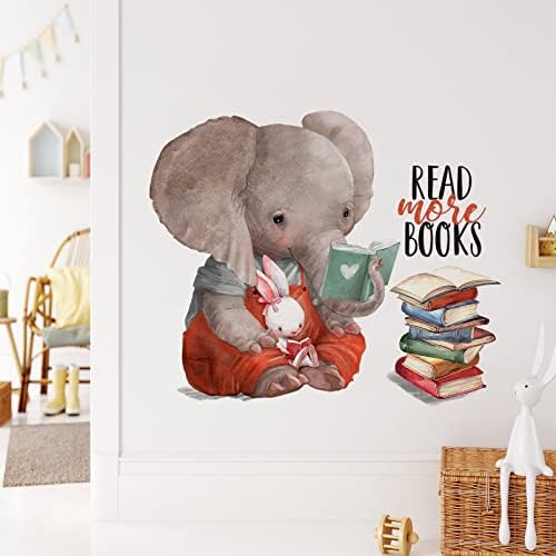Mfault Inspirational Elephant Bunny Read More Books Wall Decals Stickers, Motivational Rabbit Animals Nursery Decorations Classroom Bedroom Art, Watercolor Neutral Toddler Kids Room Home Decor Gift