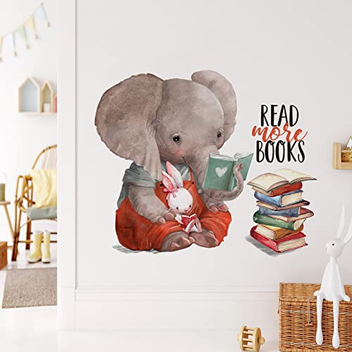 Mfault Inspirational Elephant Bunny Read More Books Wall Decals Stickers, Motivational Rabbit Animals Nursery Decorations Classroom Bedroom Art, Watercolor Neutral Toddler Kids Room Home Decor Gift #TOP3