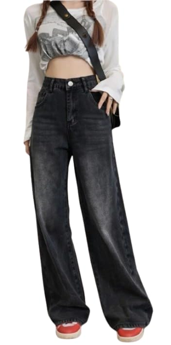 Image of Women's High Waist Baggy Wide Leg Jeans for Women - Loose Fit Washed Black Denim Pants with Straight Palazzo Style, Relaxed Streetwear Korean Trousers