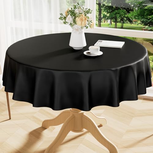 Image of Smiry Round Table Cloth 70 Inch, Waterproof Wipeable Vinyl Tablecloths Protector, Oil Spill Proof Plastic Table Cover for Dining, Picnic, Camping, Outdoor, Black
