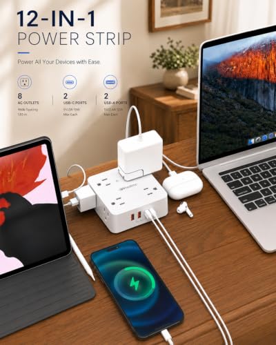 Regleta Extensión Wrxdmc QP860-CU W 5FT con 8 tomas y 4 puertos USB, Protector contra sobretensiones 1400J, Cable plano de 1.52 m, Enchufe plano polarizado tipo A, Montable en pared miniatura 3